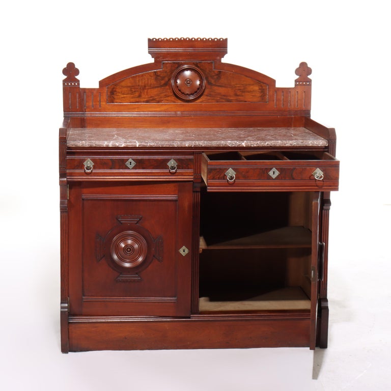 Antique Renaissance Revival Walnut & Burl Marble Top Sideboard C1890