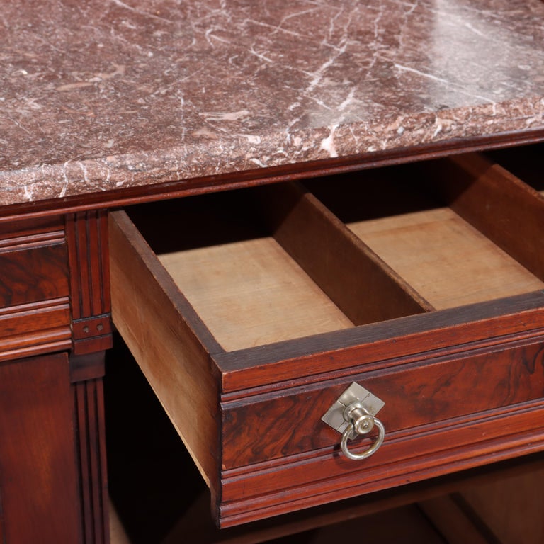 Antique Renaissance Revival Walnut & Burl Marble Top Sideboard C1890