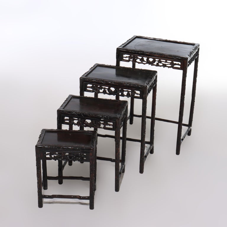 Set of 4 Antique Chinese Floral & Figural Carved Hardwood Nesting Tables