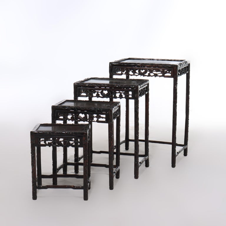 Set of 4 Antique Chinese Floral & Figural Carved Hardwood Nesting Tables