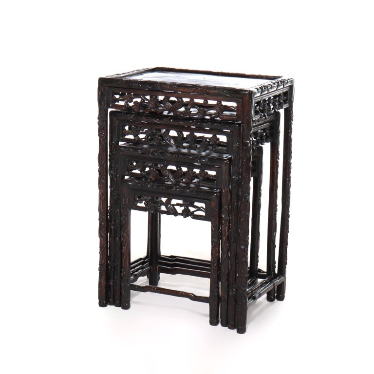 Set of 4 Antique Chinese Floral & Figural Carved Hardwood Nesting Tables