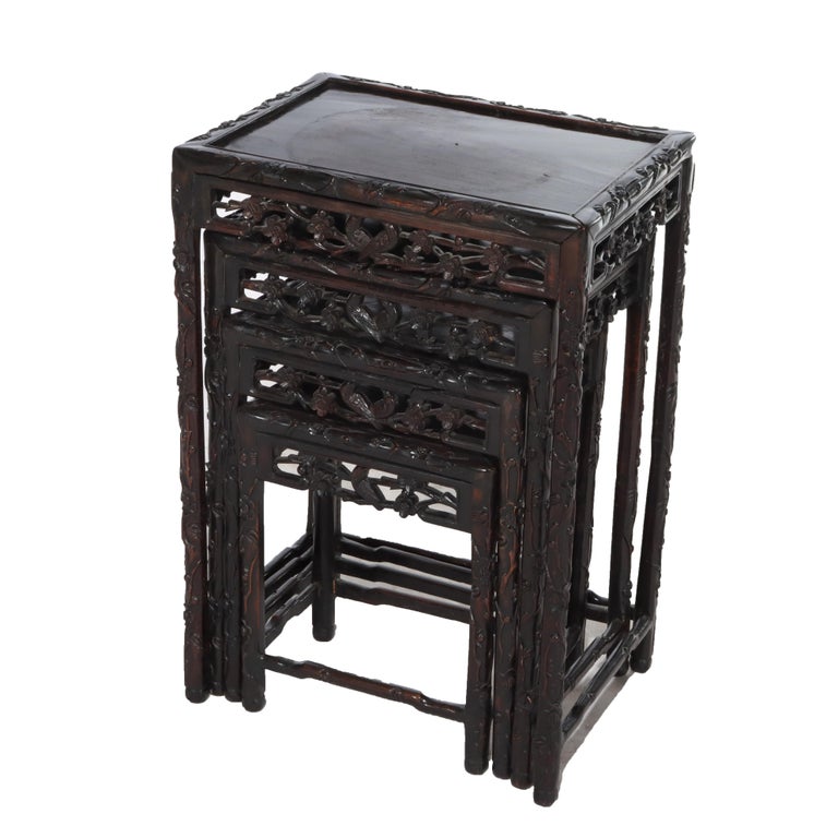 Set of 4 Antique Chinese Floral & Figural Carved Hardwood Nesting Tables