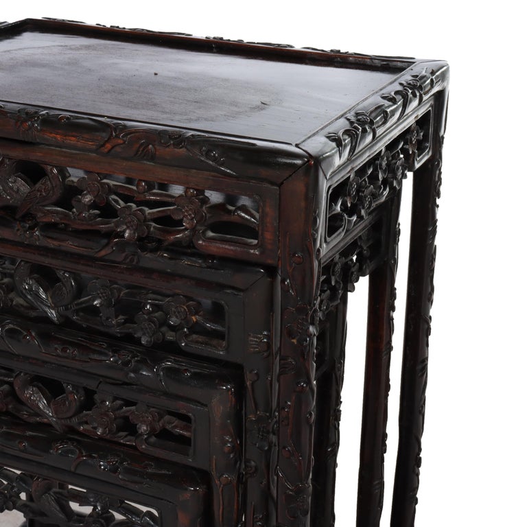 Set of 4 Antique Chinese Floral & Figural Carved Hardwood Nesting Tables