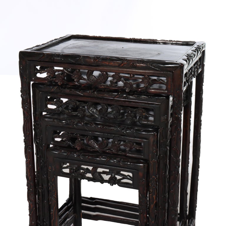 Set of 4 Antique Chinese Floral & Figural Carved Hardwood Nesting Tables