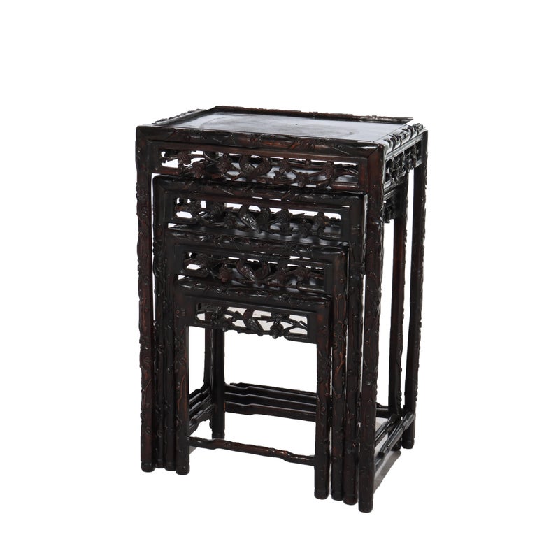 Set of 4 Antique Chinese Floral & Figural Carved Hardwood Nesting Tables