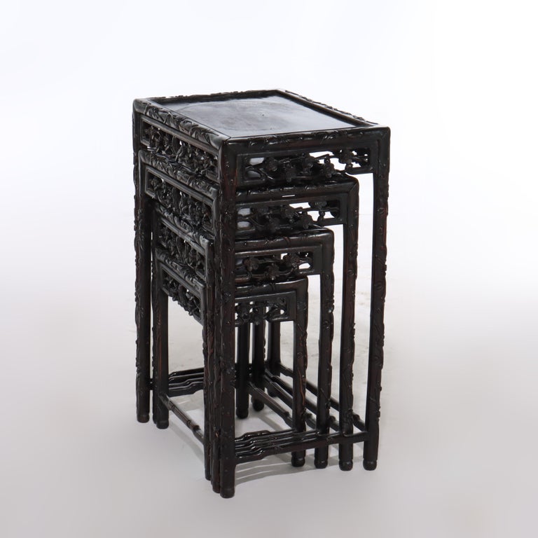 Set of 4 Antique Chinese Floral & Figural Carved Hardwood Nesting Tables
