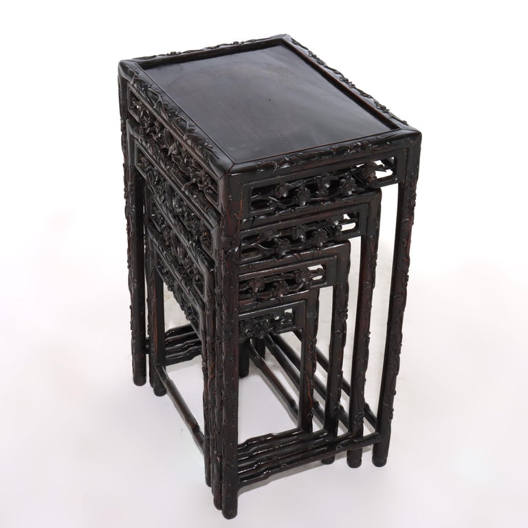 Set of 4 Antique Chinese Floral & Figural Carved Hardwood Nesting Tables