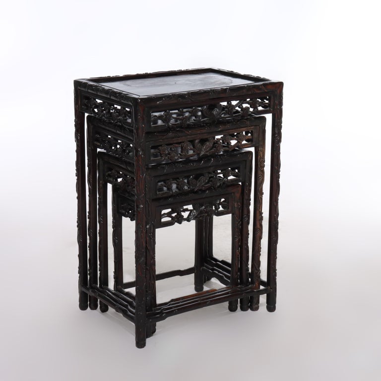 Set of 4 Antique Chinese Floral & Figural Carved Hardwood Nesting Tables