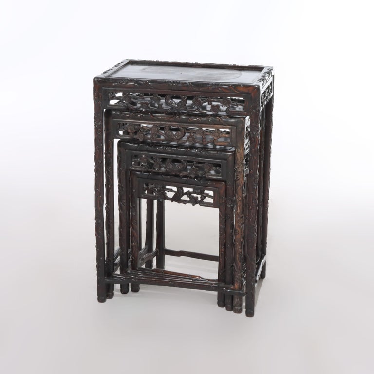 Set of 4 Antique Chinese Floral & Figural Carved Hardwood Nesting Tables