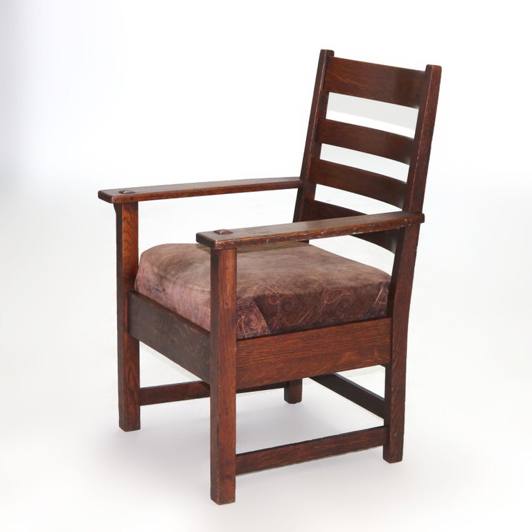 Antique Stickley Arts and Crafts Mission Oak Slat Back Arm Chair C1910