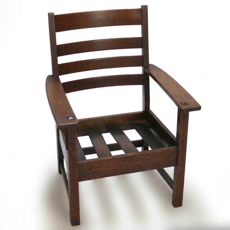 Antique Stickley Arts and Crafts Mission Oak Slat Back Arm Chair C1910