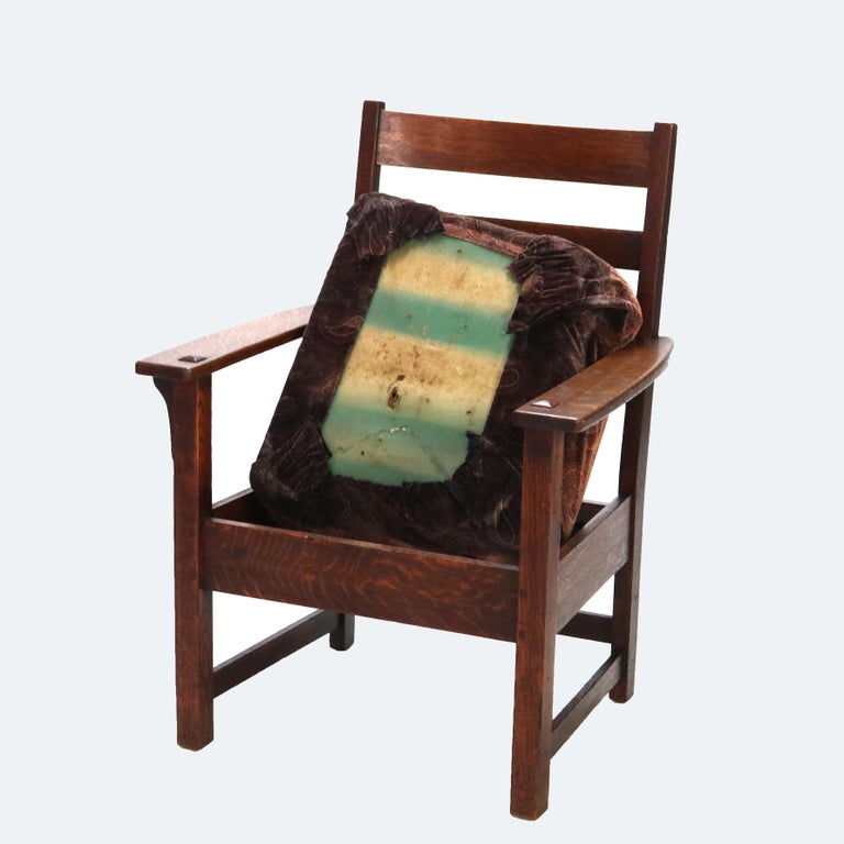 Antique Stickley Arts and Crafts Mission Oak Slat Back Arm Chair C1910