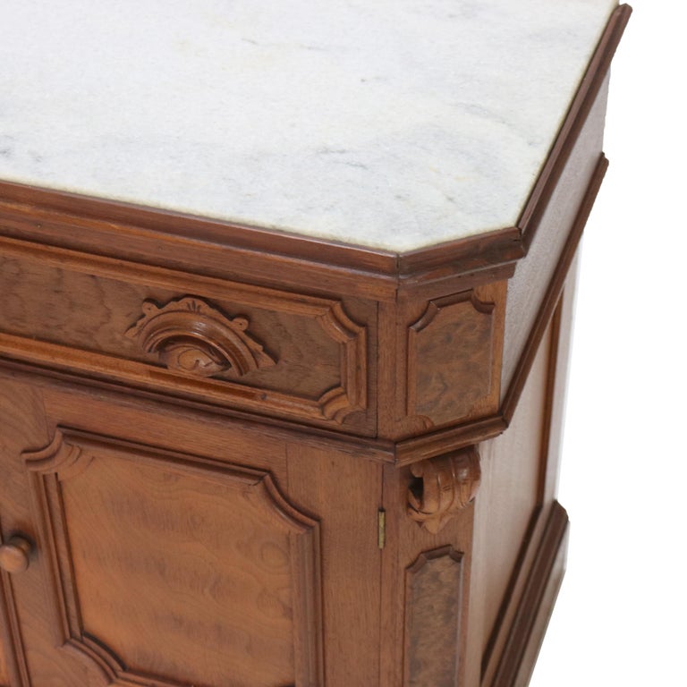 Victorian Carved Walnut & Burl Marble Top Commode C1890
