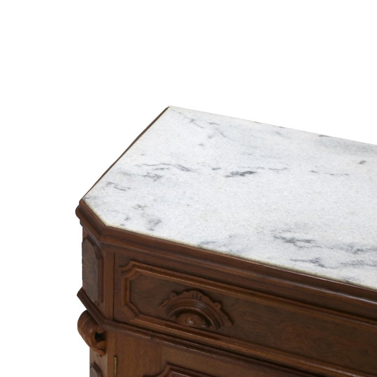 Victorian Carved Walnut & Burl Marble Top Commode C1890