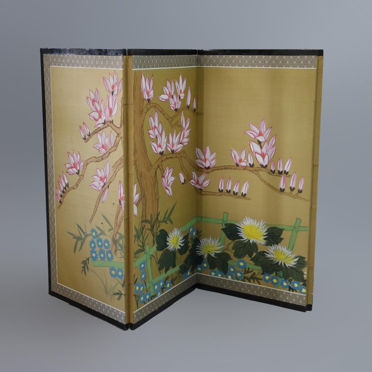 Chinese Floral Decorated and Ebonized Folding Table Screen 20th C