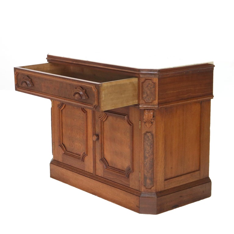 Victorian Carved Walnut & Burl Marble Top Commode C1890