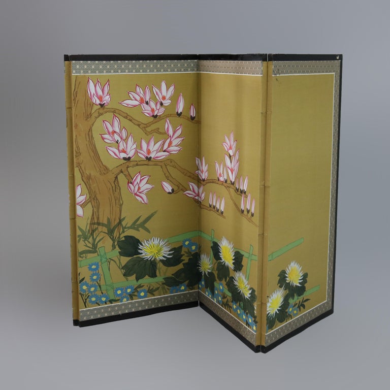 Chinese Floral Decorated and Ebonized Folding Table Screen 20th C