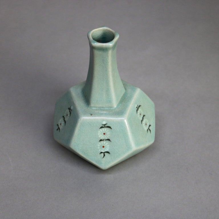 Antique Asian Celadon Pottery Bud Vase with Daisies Signed Early 19thC