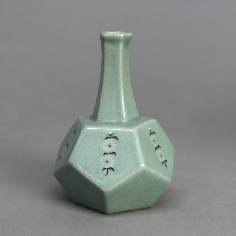 Antique Asian Celadon Pottery Bud Vase with Daisies Signed Early 19thC