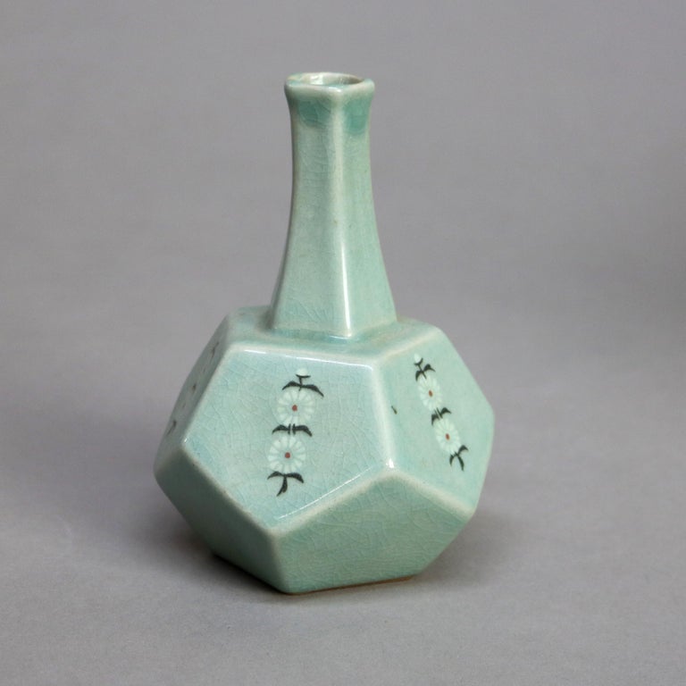 Antique Asian Celadon Pottery Bud Vase with Daisies Signed Early 19thC