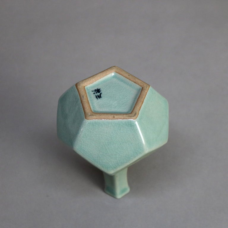 Antique Asian Celadon Pottery Bud Vase with Daisies Signed Early 19thC