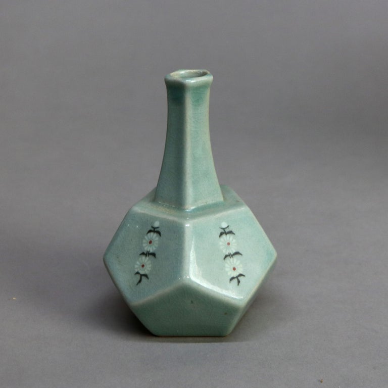 Antique Asian Celadon Pottery Bud Vase with Daisies Signed Early 19thC