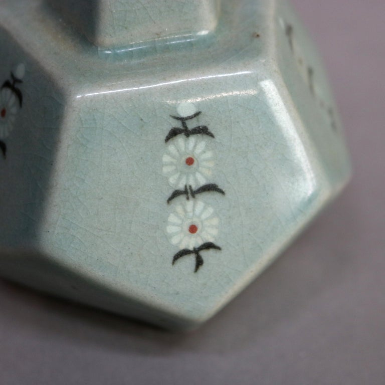 Antique Asian Celadon Pottery Bud Vase with Daisies Signed Early 19thC