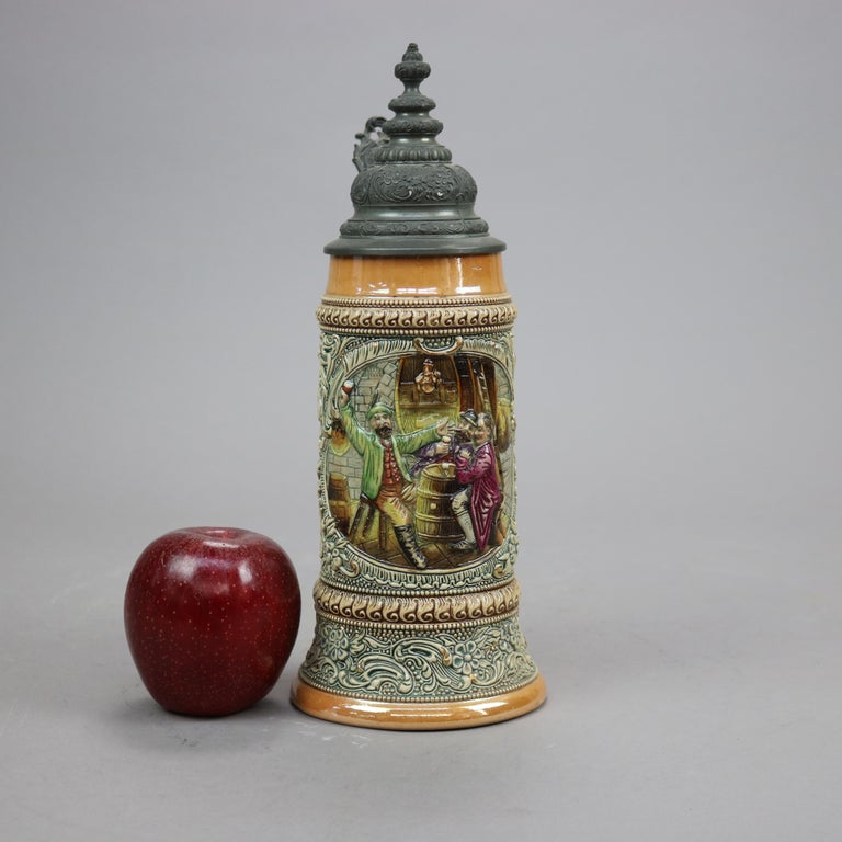 Antique Large German Stoneware Beer Stein, Genre Tavern Scene in Relief, c1900