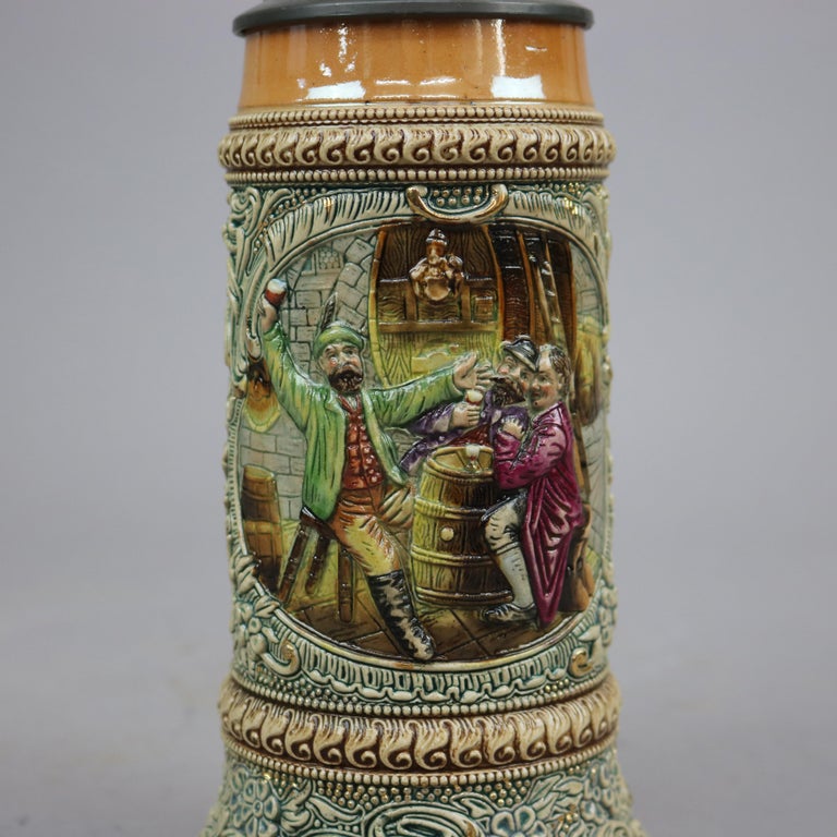 Antique Large German Stoneware Beer Stein, Genre Tavern Scene in Relief, c1900