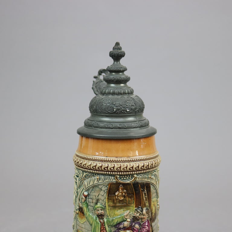 Antique Large German Stoneware Beer Stein, Genre Tavern Scene in Relief, c1900