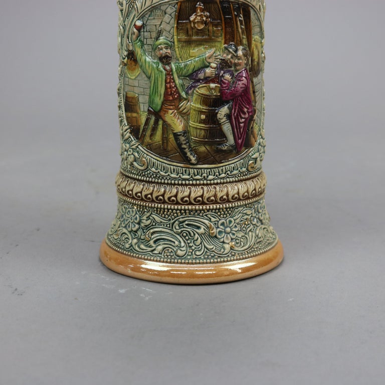 Antique Large German Stoneware Beer Stein, Genre Tavern Scene in Relief, c1900