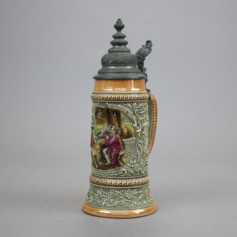Antique Large German Stoneware Beer Stein, Genre Tavern Scene in Relief, c1900