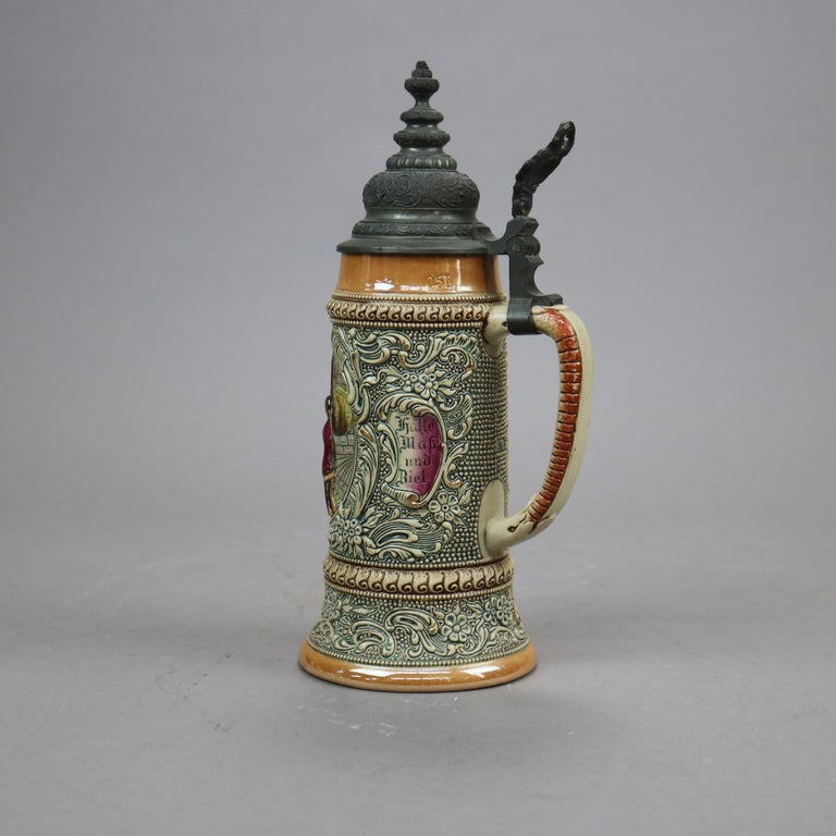 Antique Large German Stoneware Beer Stein, Genre Tavern Scene in Relief, c1900