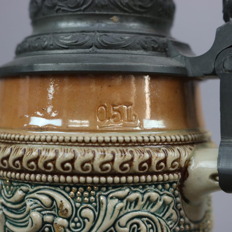 Antique Large German Stoneware Beer Stein, Genre Tavern Scene in Relief, c1900