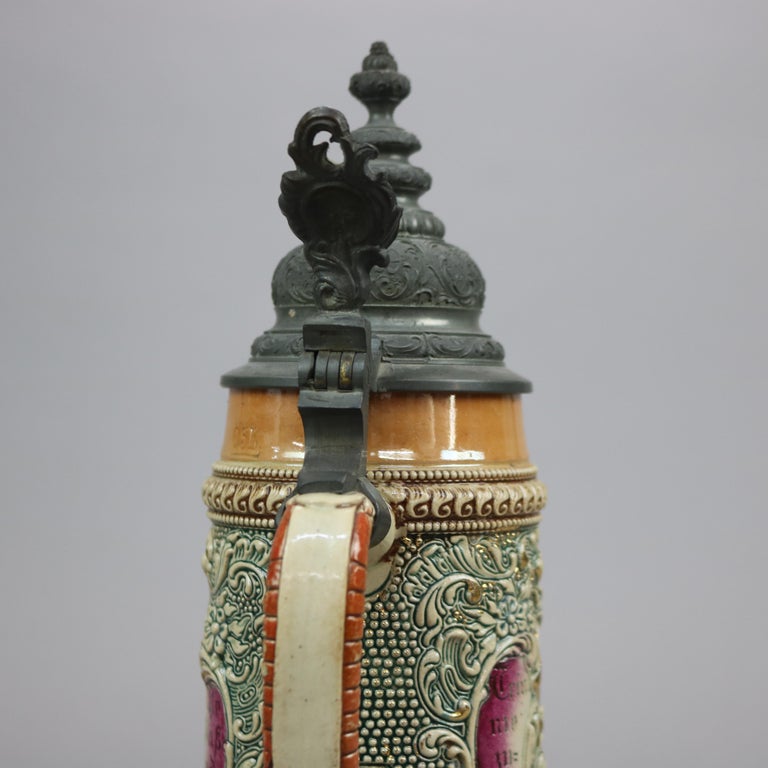 Antique Large German Stoneware Beer Stein, Genre Tavern Scene in Relief, c1900