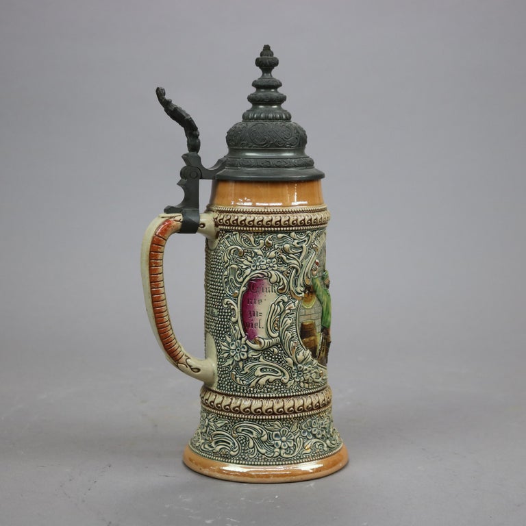 Antique Large German Stoneware Beer Stein, Genre Tavern Scene in Relief, c1900