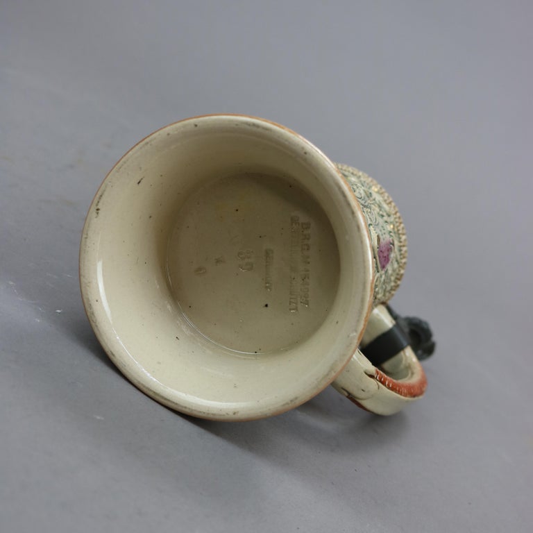 Antique Large German Stoneware Beer Stein, Genre Tavern Scene in Relief, c1900