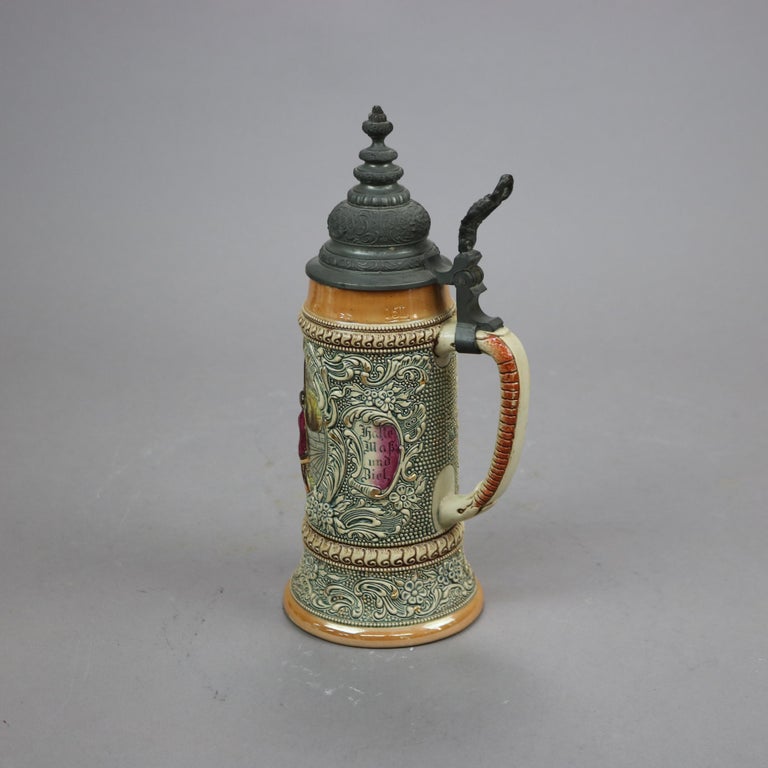 Antique Large German Stoneware Beer Stein, Genre Tavern Scene in Relief, c1900