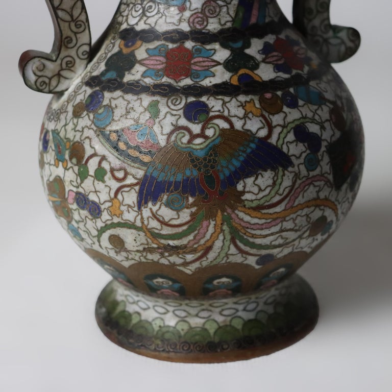 Pair Of Antique Chinese Cloisonne Enameled Vases Signed C1900