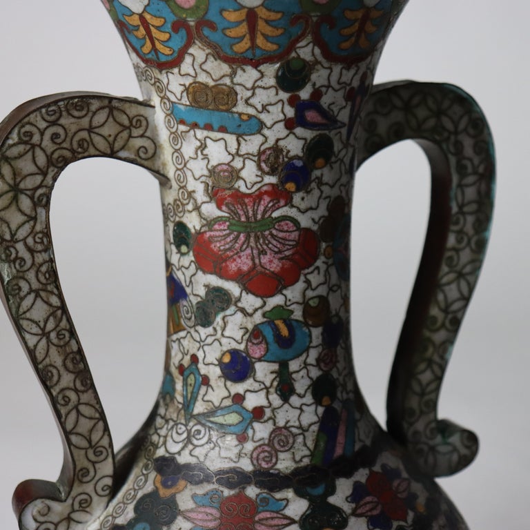 Pair Of Antique Chinese Cloisonne Enameled Vases Signed C1900
