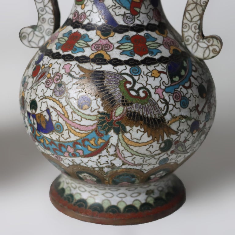 Pair Of Antique Chinese Cloisonne Enameled Vases Signed C1900