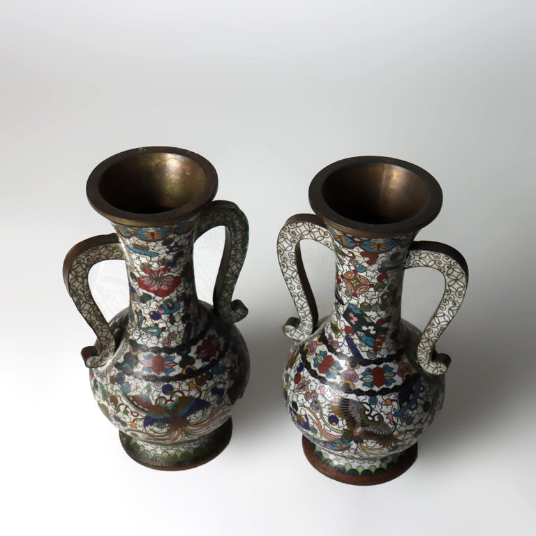 Pair Of Antique Chinese Cloisonne Enameled Vases Signed C1900