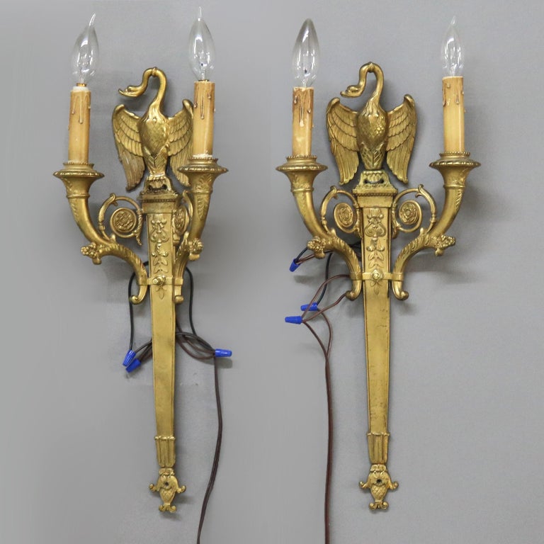 Pair of Antique French Empire Figural Goose Gilt Bronze Two-Light Sconces C1920