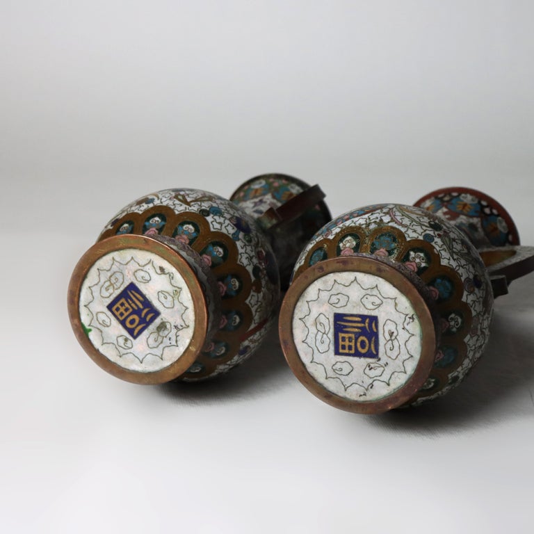 Pair Of Antique Chinese Cloisonne Enameled Vases Signed C1900