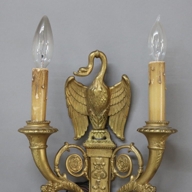 Pair of Antique French Empire Figural Goose Gilt Bronze Two-Light Sconces C1920