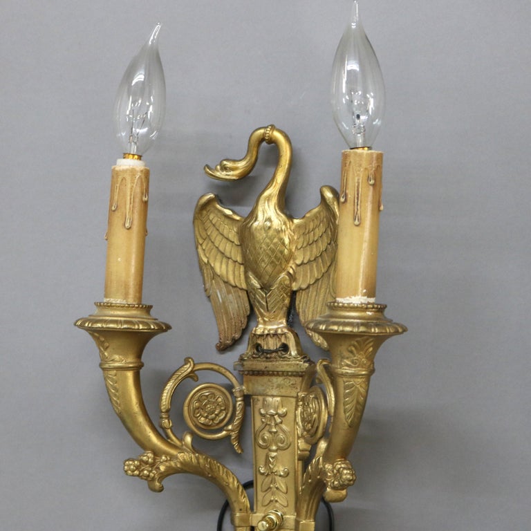 Pair of Antique French Empire Figural Goose Gilt Bronze Two-Light Sconces C1920