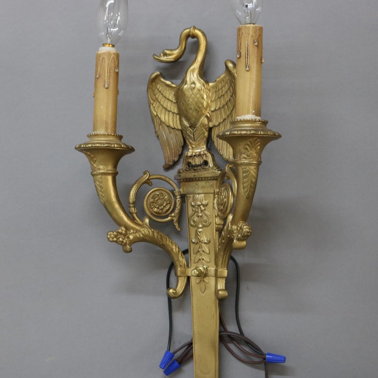 Pair of Antique French Empire Figural Goose Gilt Bronze Two-Light Sconces C1920