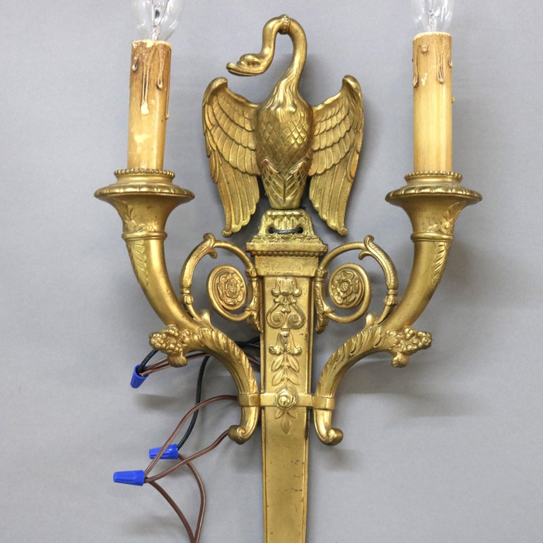 Pair of Antique French Empire Figural Goose Gilt Bronze Two-Light Sconces C1920