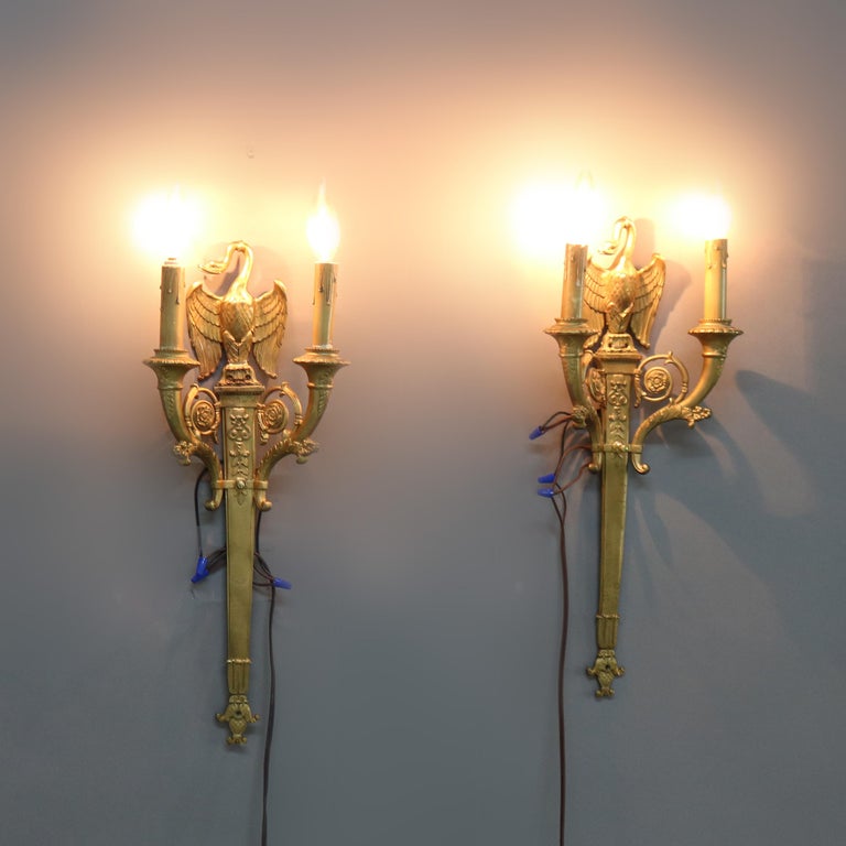 Pair of Antique French Empire Figural Goose Gilt Bronze Two-Light Sconces C1920