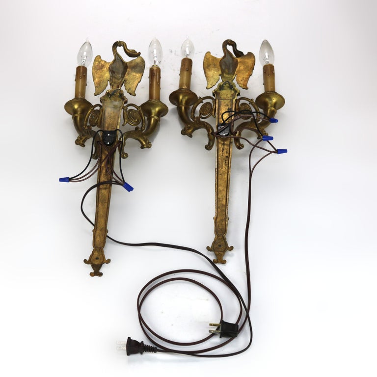 Pair of Antique French Empire Figural Goose Gilt Bronze Two-Light Sconces C1920